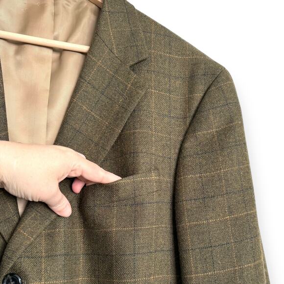 T. Harris London 100% Lambswool Brown Plaid Three Button Blazer Men's Size 44L - Picture 5 of 13